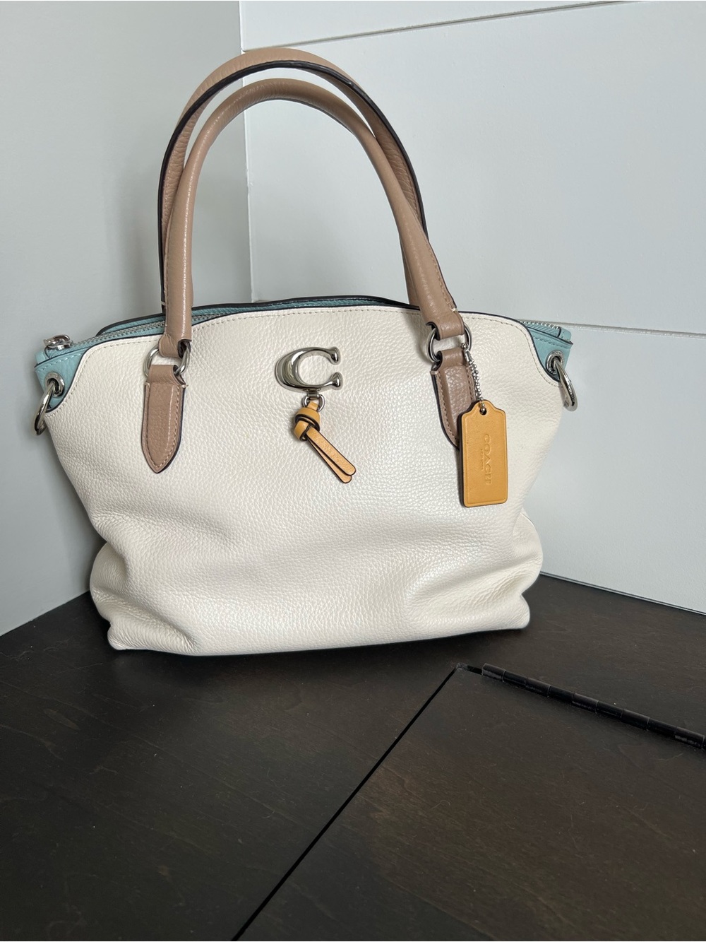 Coach White Pebbled Leather Satchel with Tan Handles and Light Blue Trim